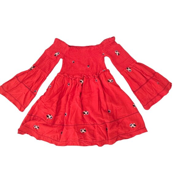 Free People counting daisies Red Embroidered Off-Shoulder Bell Sleeve Dress S - Picture 6 of 8